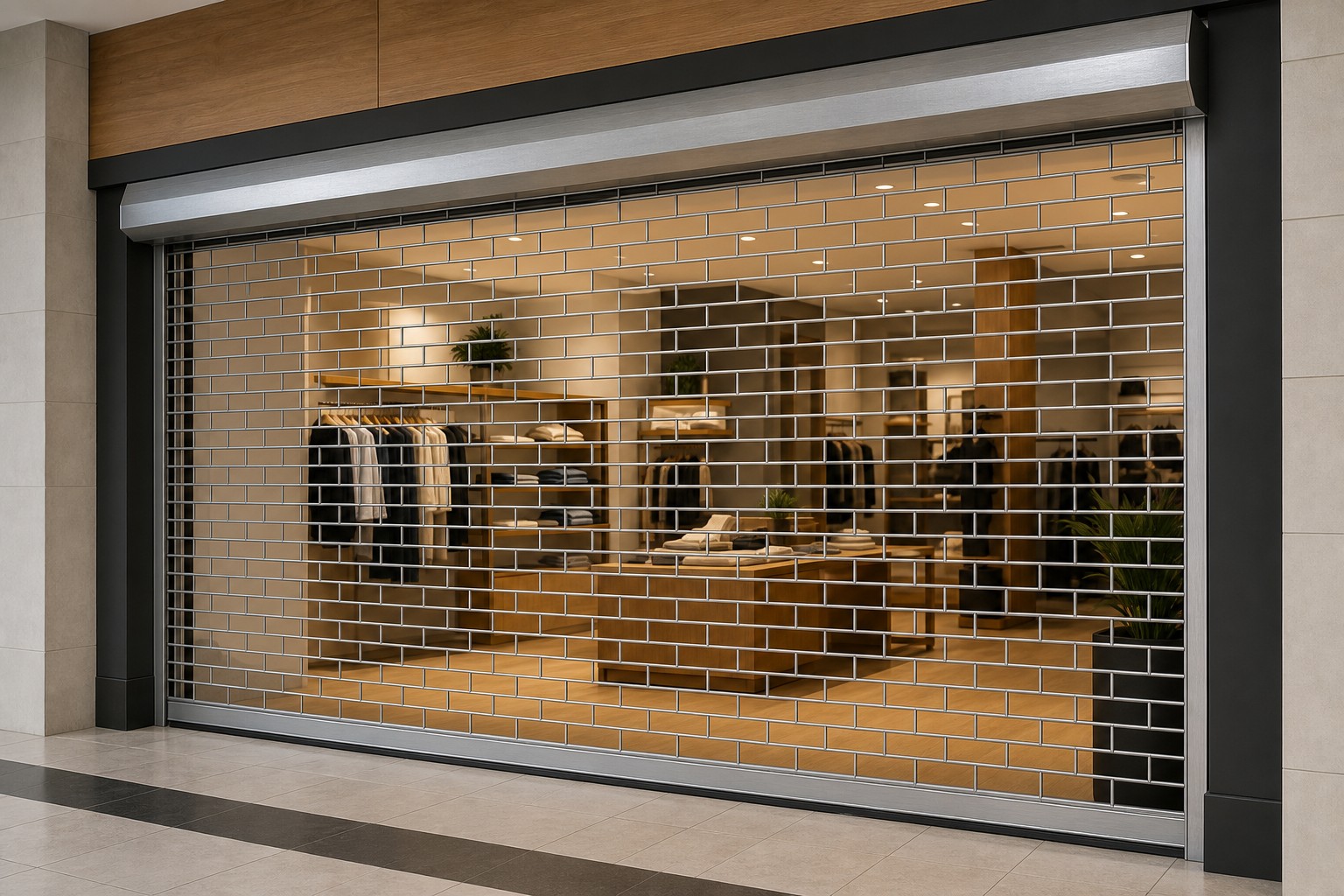 Closed rolling security grille protecting a commercial storefront